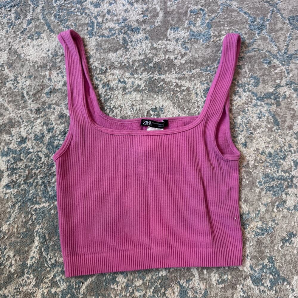 zara ribbed knit square neck tank – pink – size xs